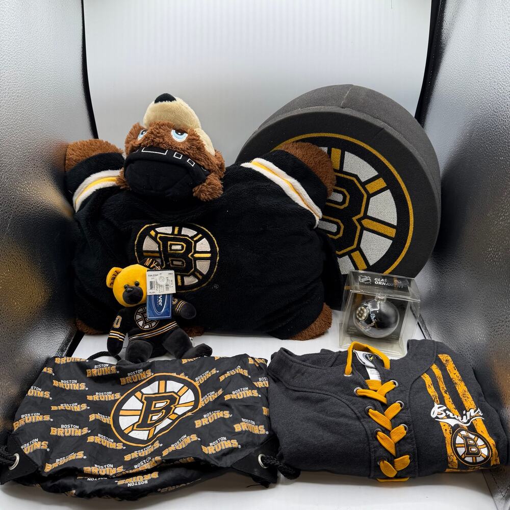 Boston Bruins Fan Merchandise Bundle-Youth Hoodie, Pillow Pet,Foam Puck Hat Lot⁠
